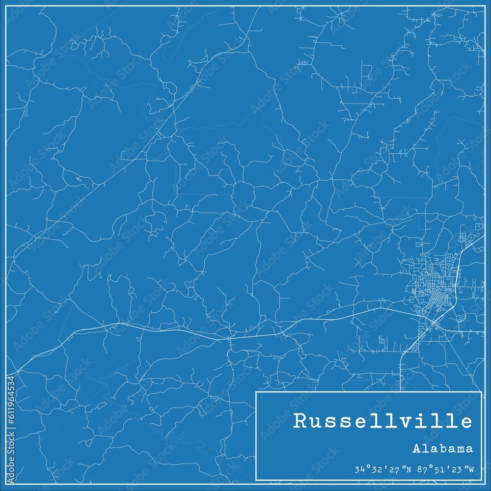Blueprint US city map of Russellville, Alabama.