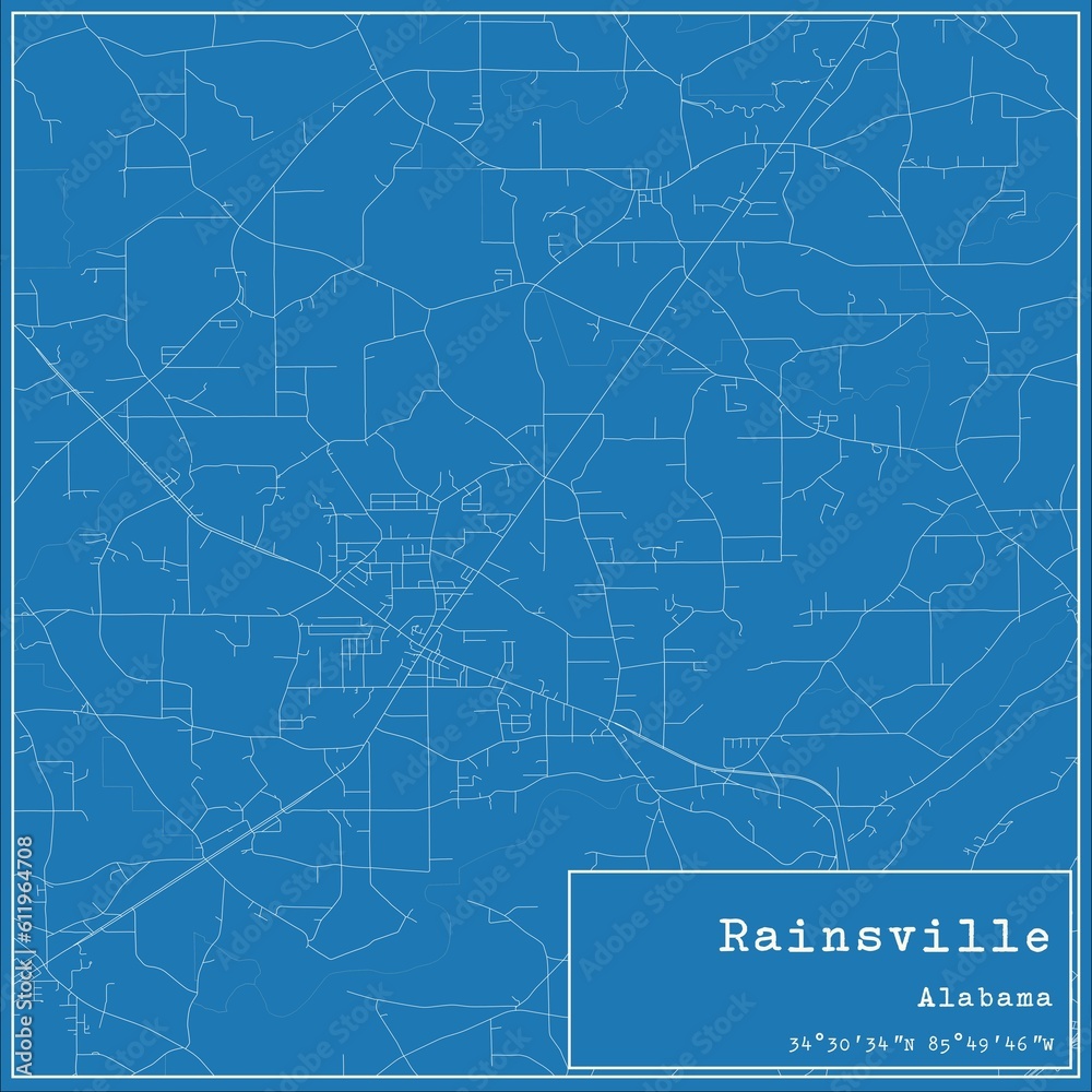 Blueprint US city map of Rainsville, Alabama.