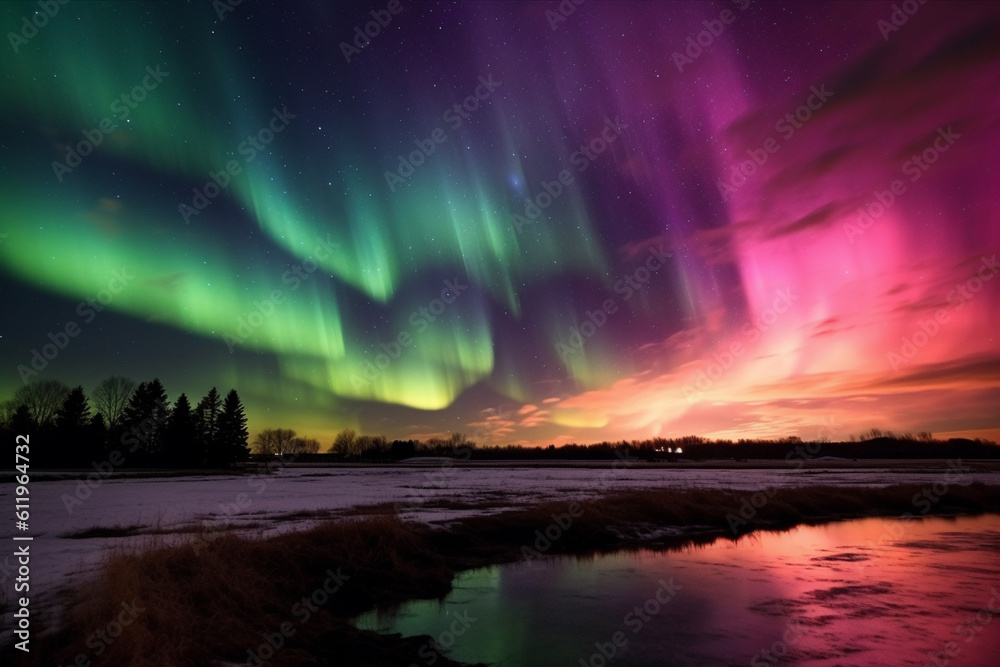 Aurora landscape with northern lights, generative ai