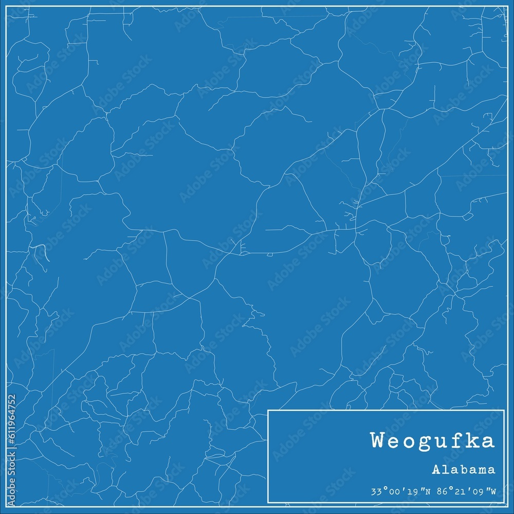 Blueprint US city map of Weogufka, Alabama.
