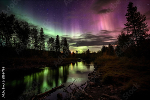 Aurora landscape with northern lights, generative ai