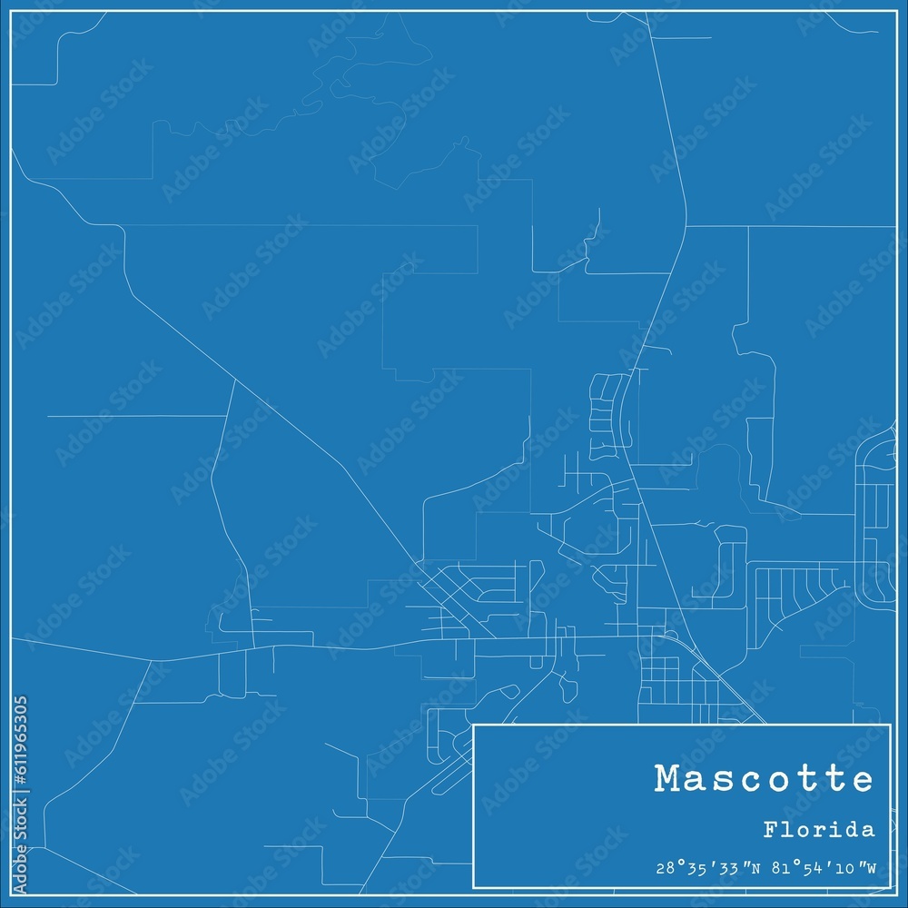 Blueprint US city map of Mascotte, Florida.