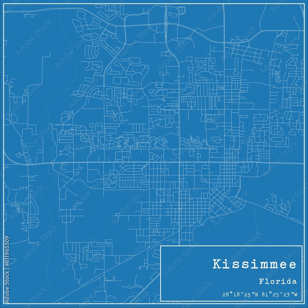Blueprint US city map of Kissimmee, Florida.