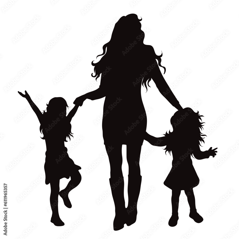 Vector silhouette of mother with daughters on white background.