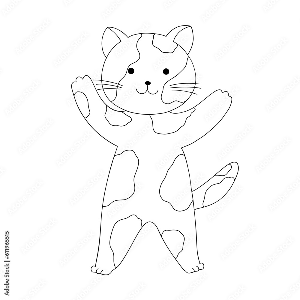 Obraz premium Cute happy standing cat in simple doodle hand drawn style vector illustration, funny cartoon pet, domestic animal for kids design, nursery decor, cards, poster
