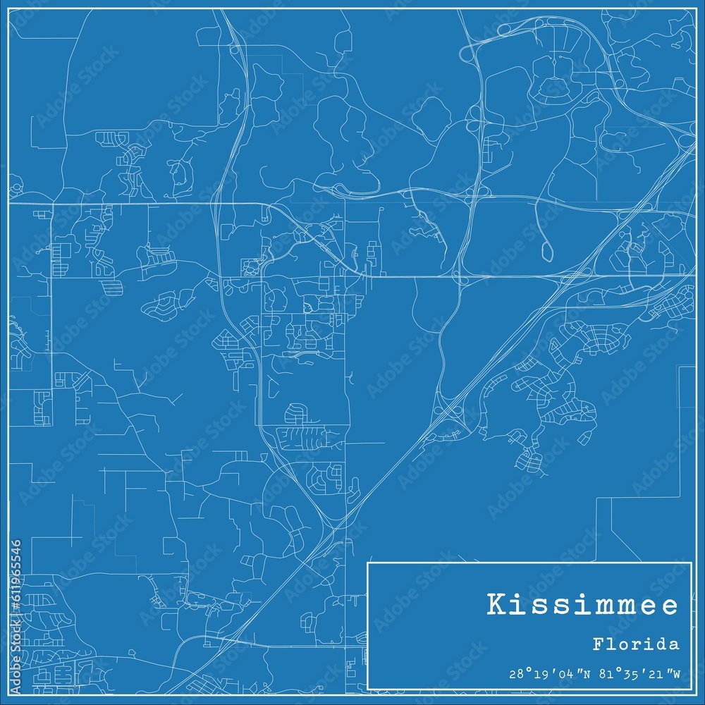 Blueprint US city map of Kissimmee, Florida.