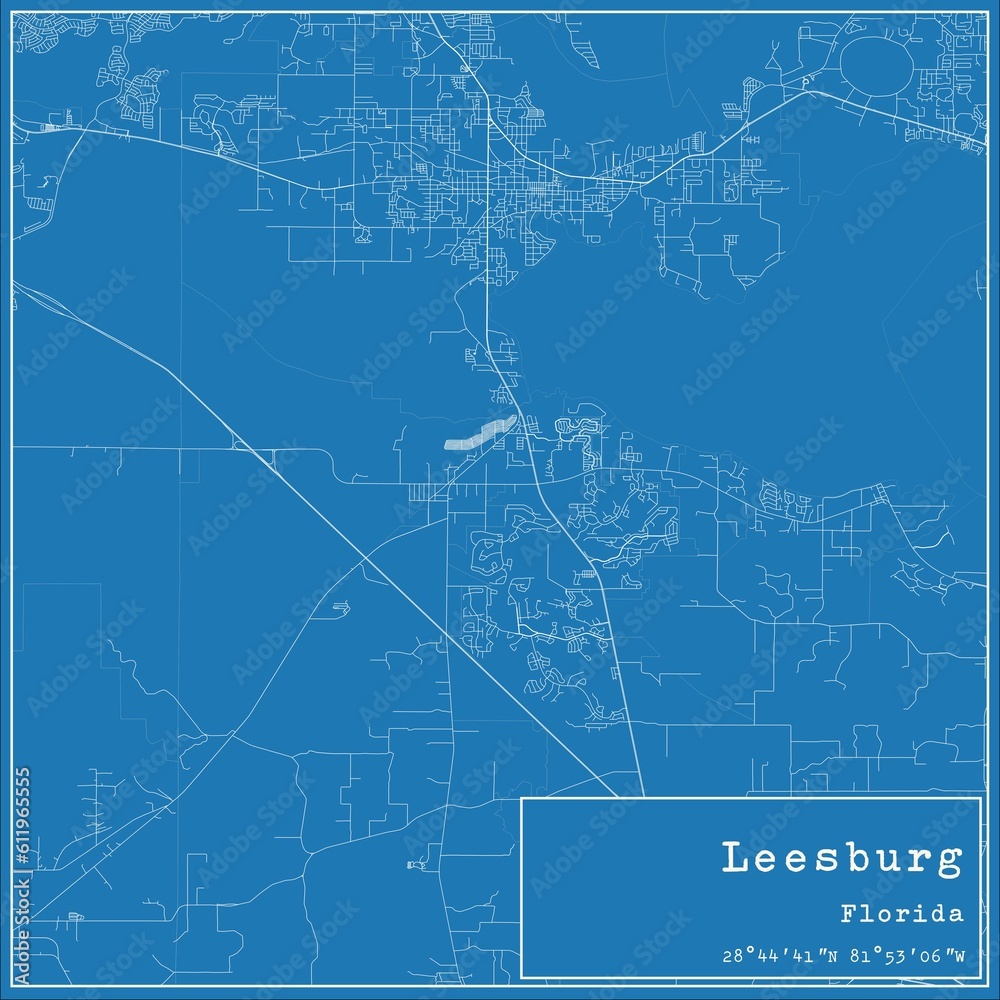 Blueprint US city map of Leesburg, Florida.