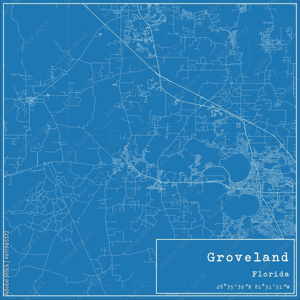 Blueprint US city map of Groveland, Florida.