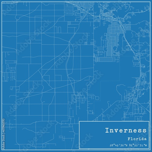 Blueprint US city map of Inverness, Florida.