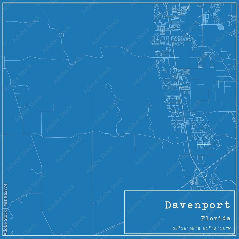 Blueprint US city map of Davenport, Florida.