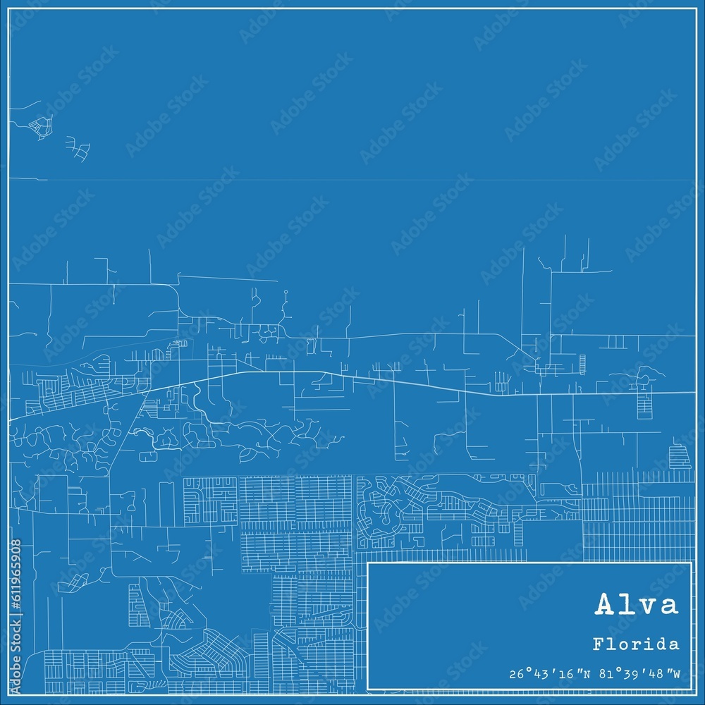 Blueprint US city map of Alva, Florida.