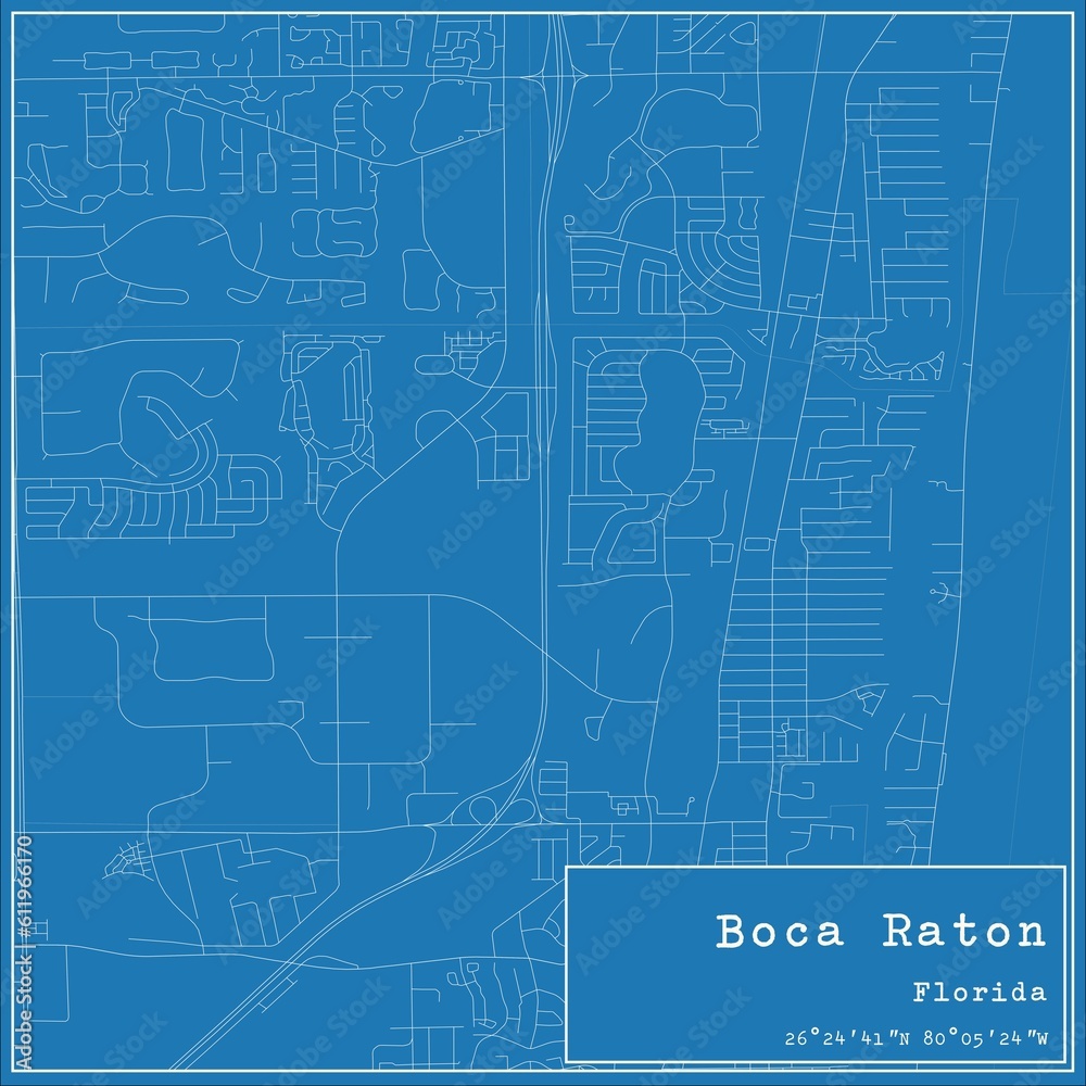 Blueprint US city map of Boca Raton, Florida.