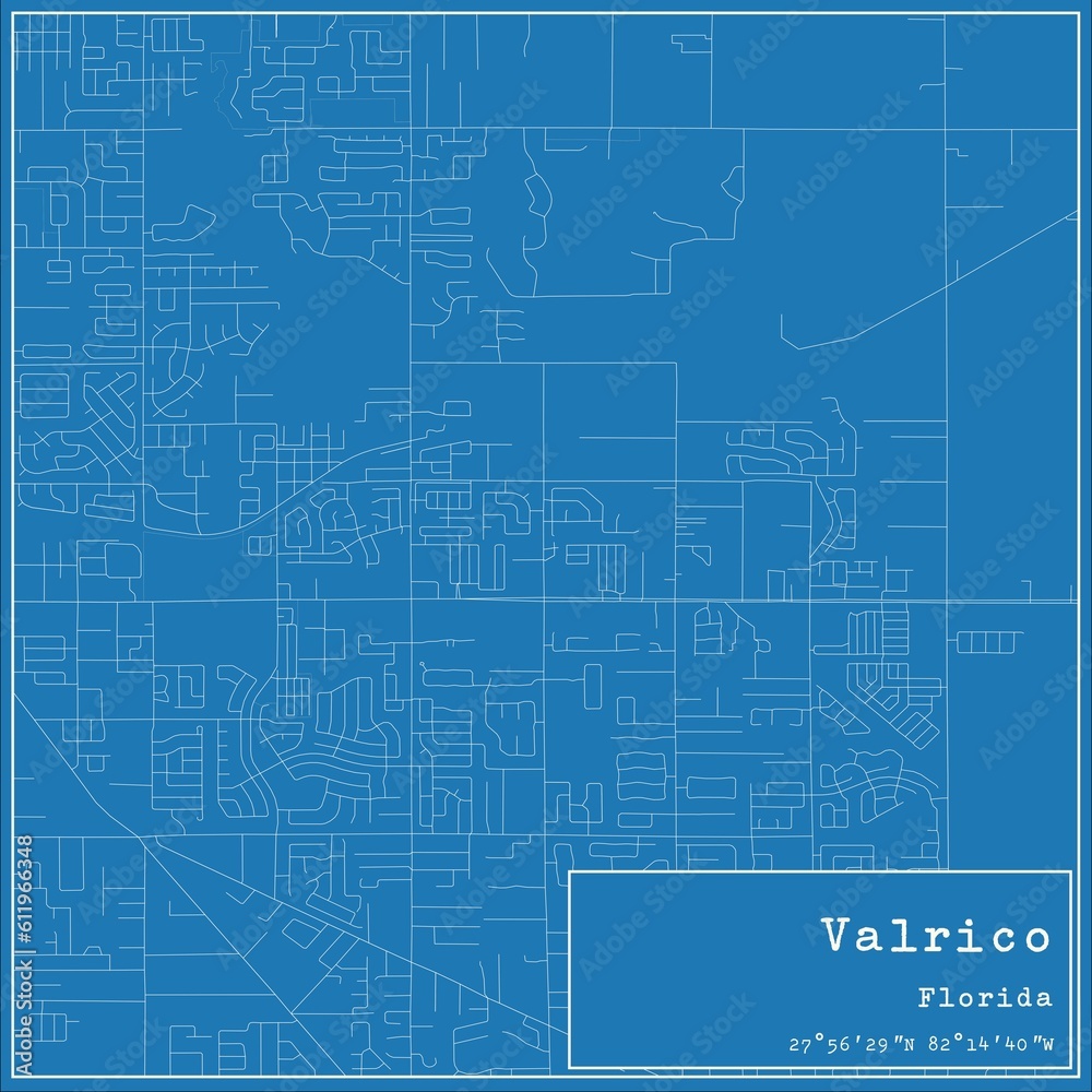 Blueprint US city map of Valrico, Florida.