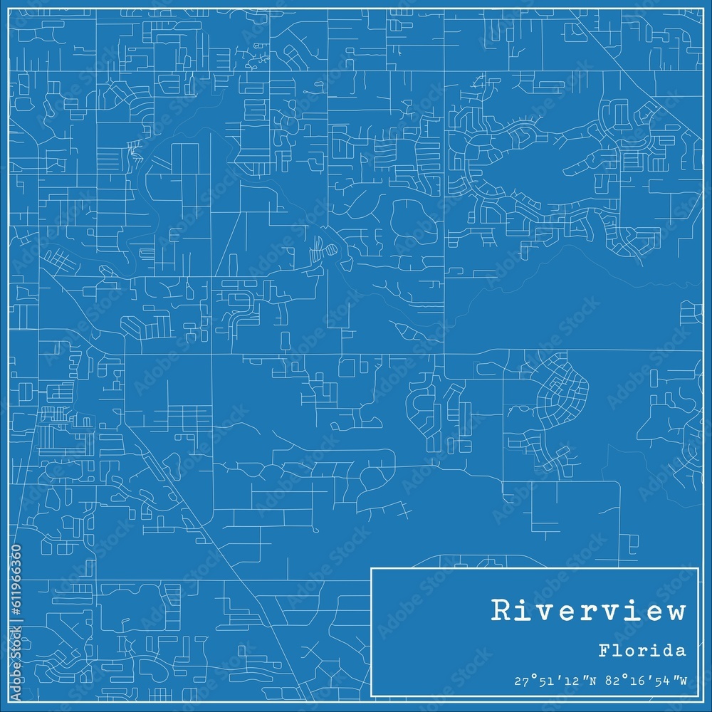 Blueprint US city map of Riverview, Florida.