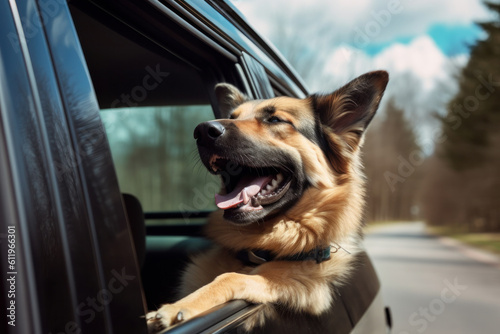 A four-legged friend enjoying a car ride with its head out of the window, taking in the beautiful scenery and feeling the wind on its face. AI Generative technology at work.