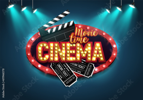 Movie time. Cinema banner or poster with retro billboard, tickets and clapperboard illuminated by spotlights. Vector illustration.