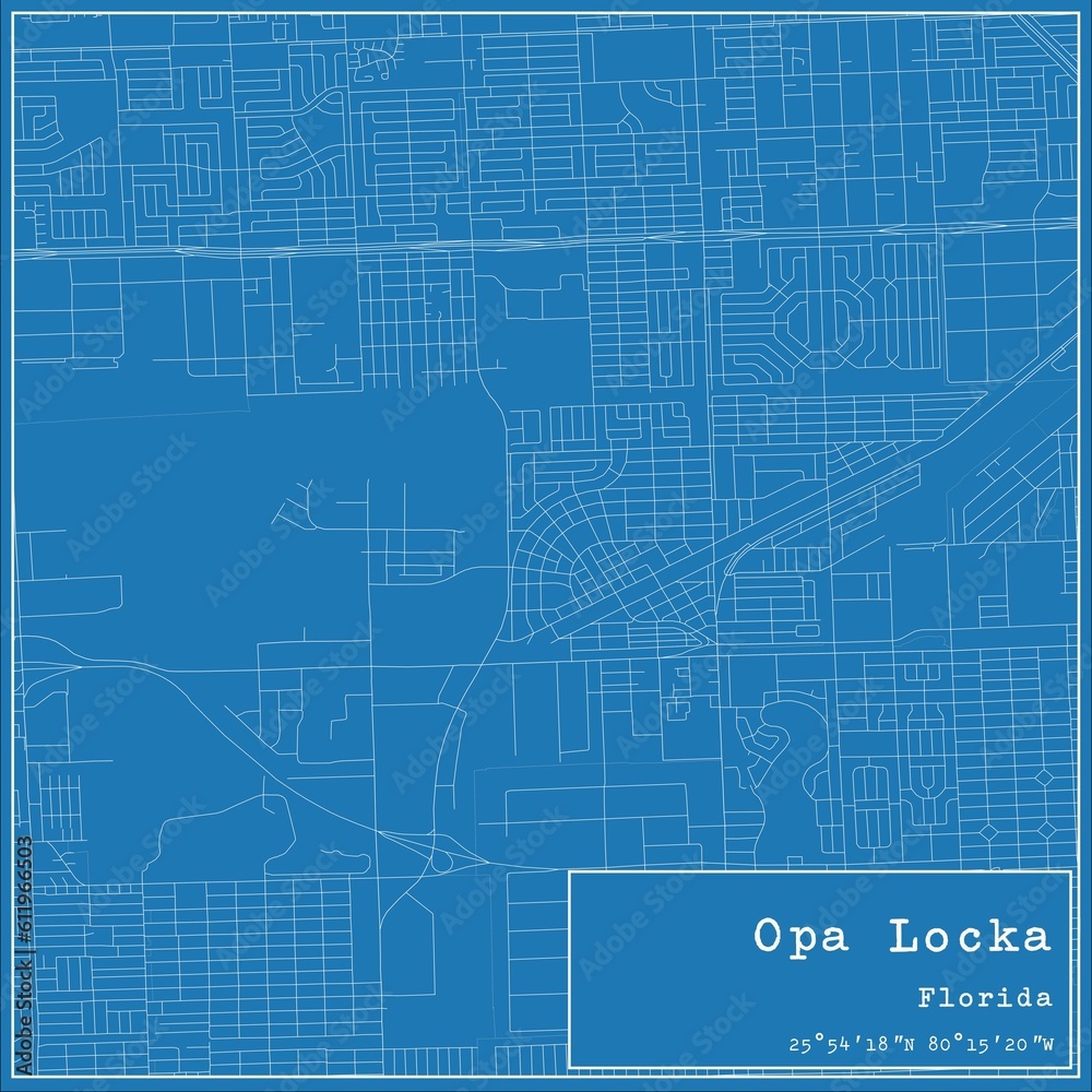 Blueprint US city map of Opa Locka, Florida.