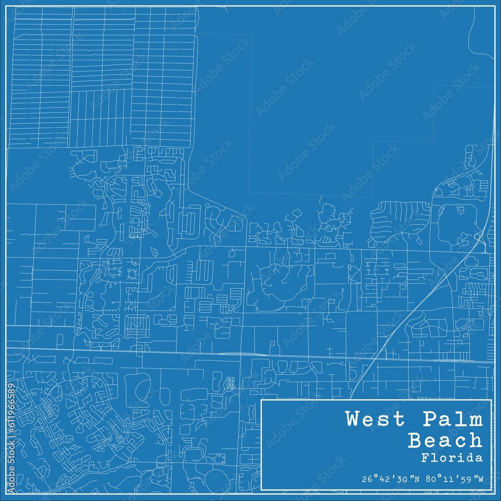Blueprint US city map of West Palm Beach, Florida.