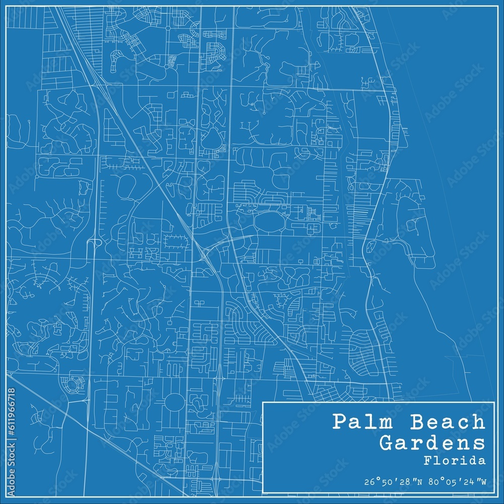 Blueprint US city map of Palm Beach Gardens, Florida.