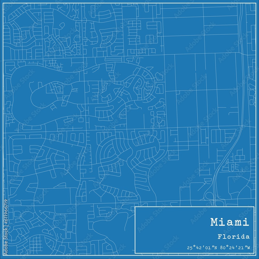 Blueprint US city map of Miami, Florida.