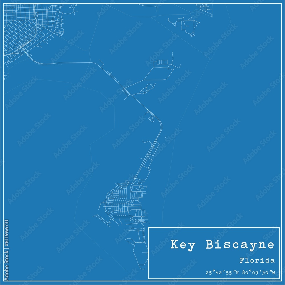 Blueprint US city map of Key Biscayne, Florida.