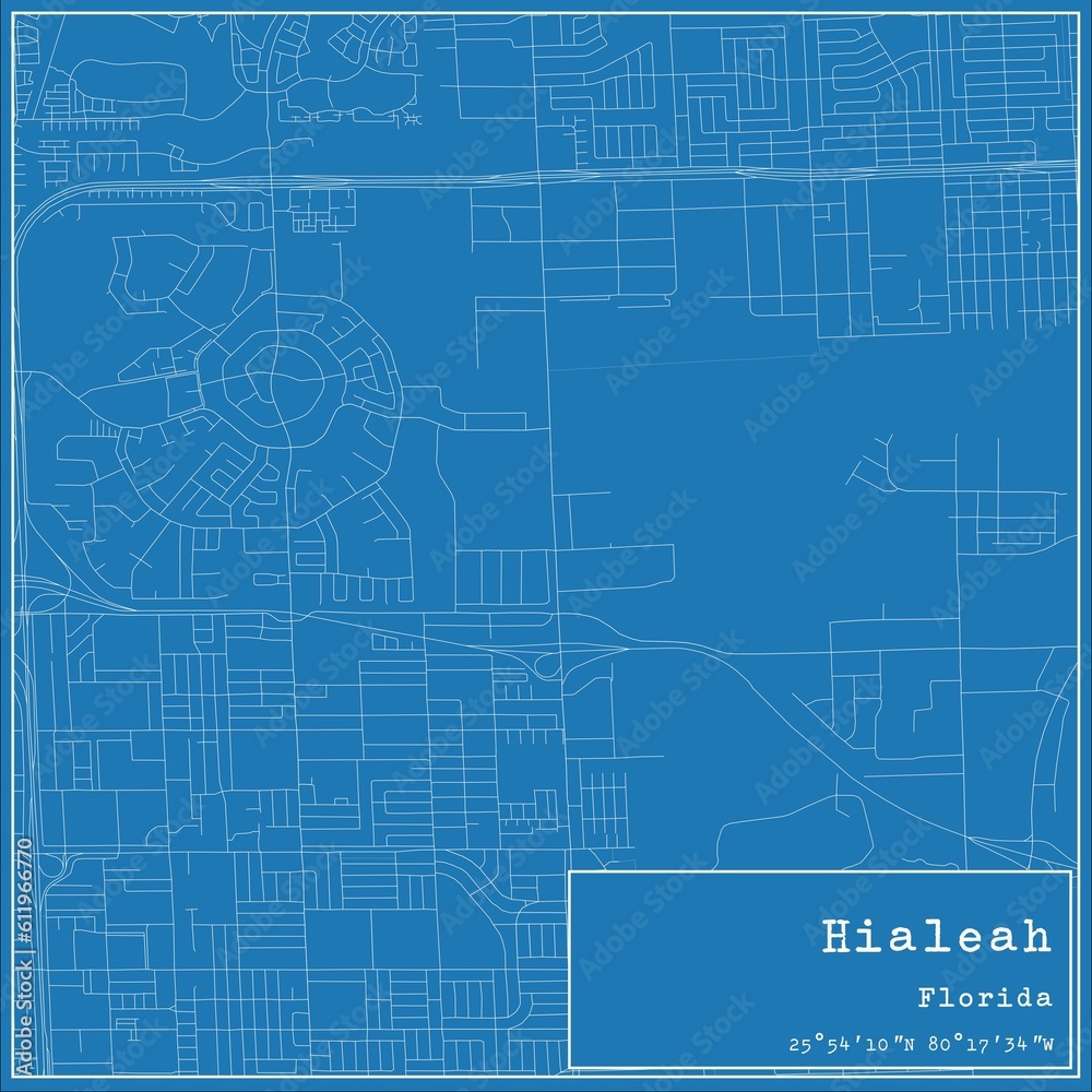 Blueprint US city map of Hialeah, Florida.