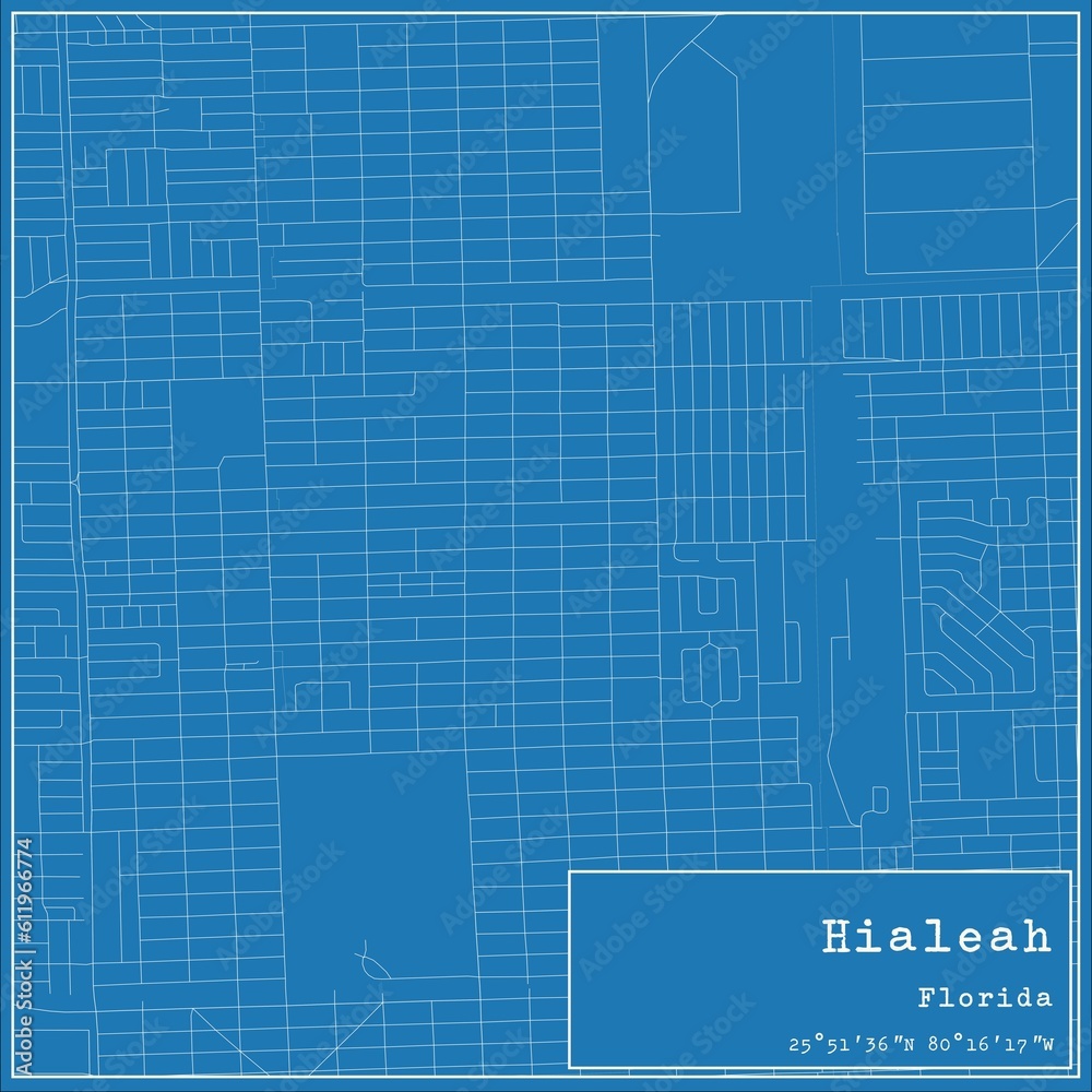 Blueprint US city map of Hialeah, Florida.