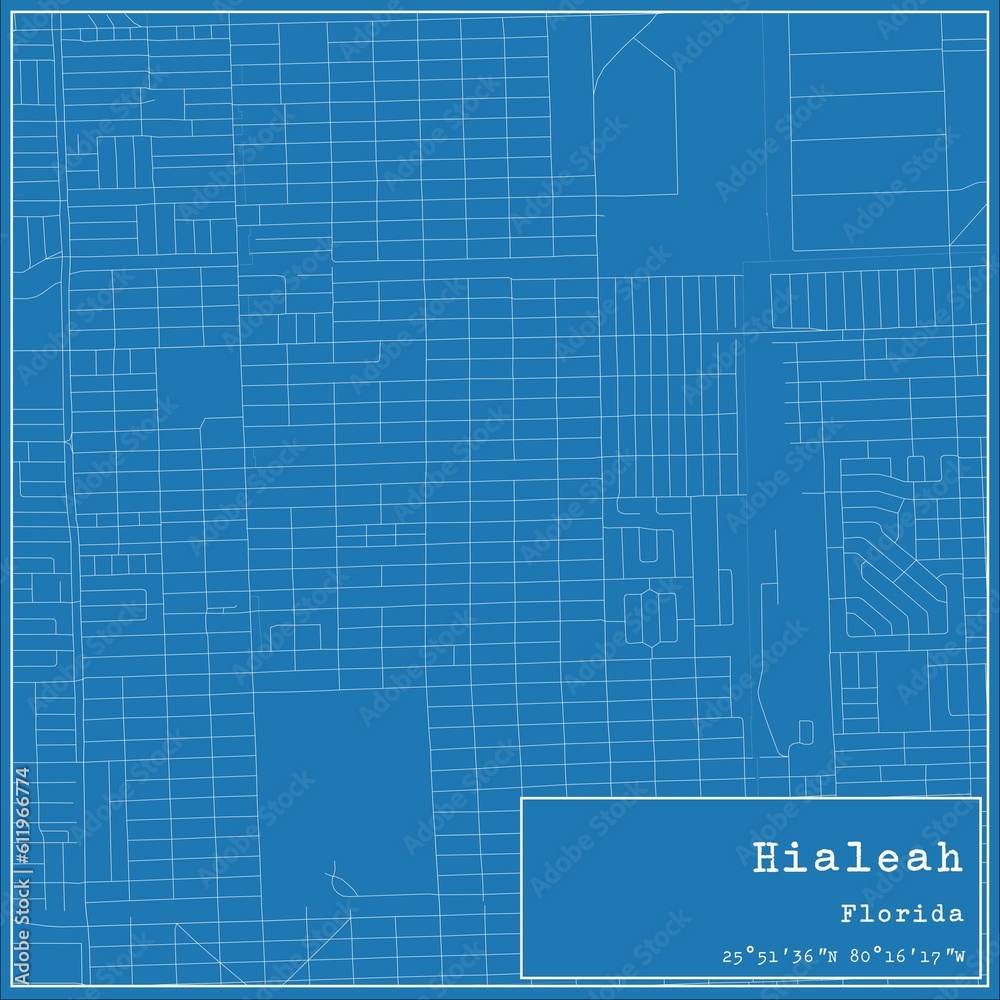 Blueprint US city map of Hialeah, Florida.