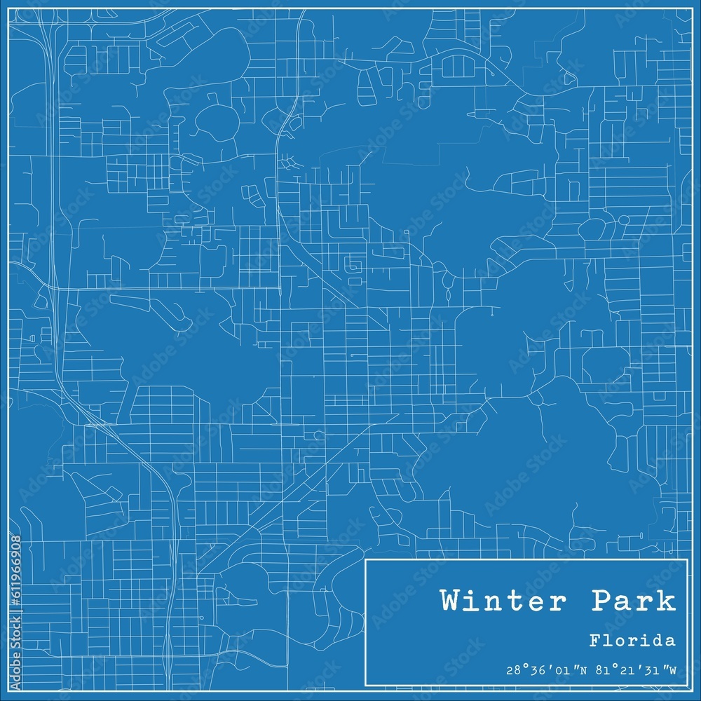 Blueprint US city map of Winter Park, Florida.