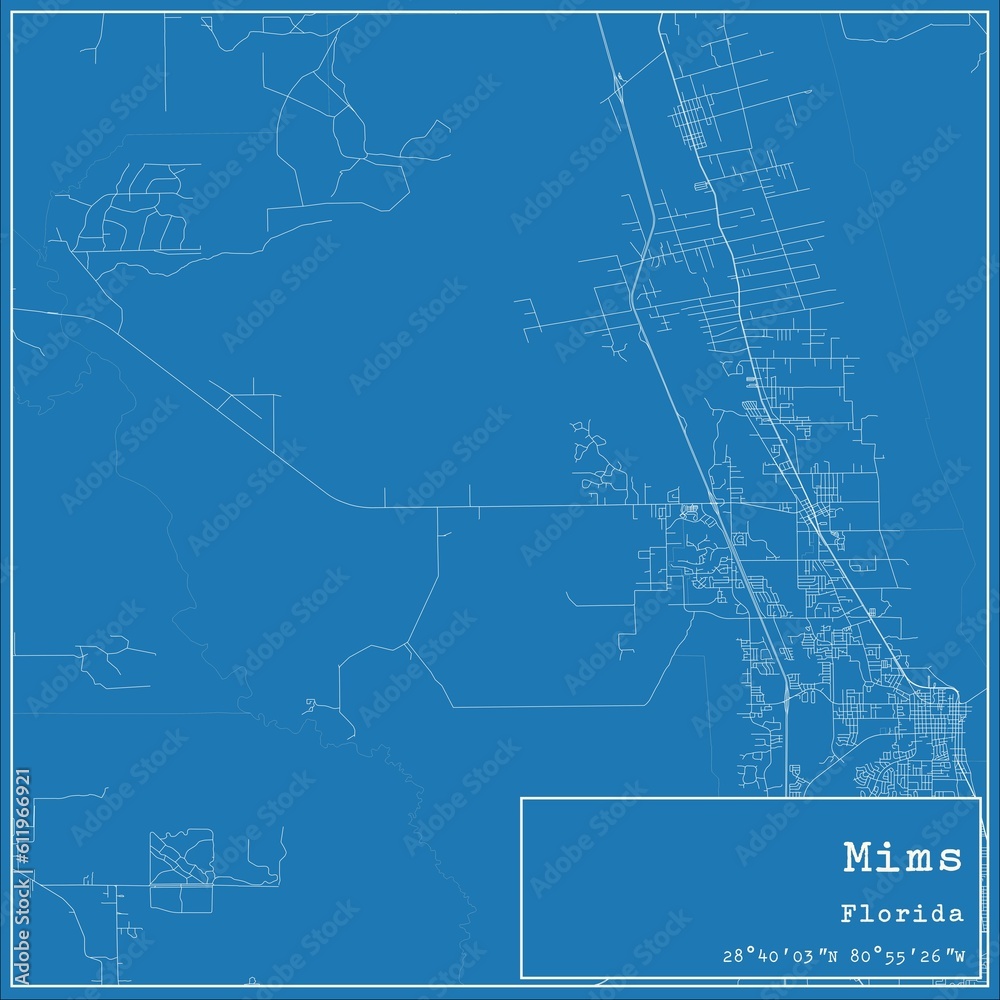 Blueprint US city map of Mims, Florida.