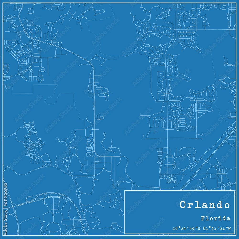 Blueprint US city map of Orlando, Florida.