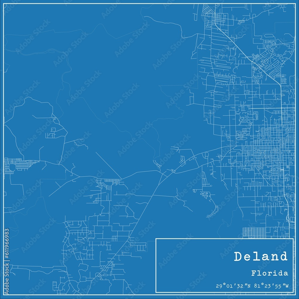 Blueprint US city map of Deland, Florida.