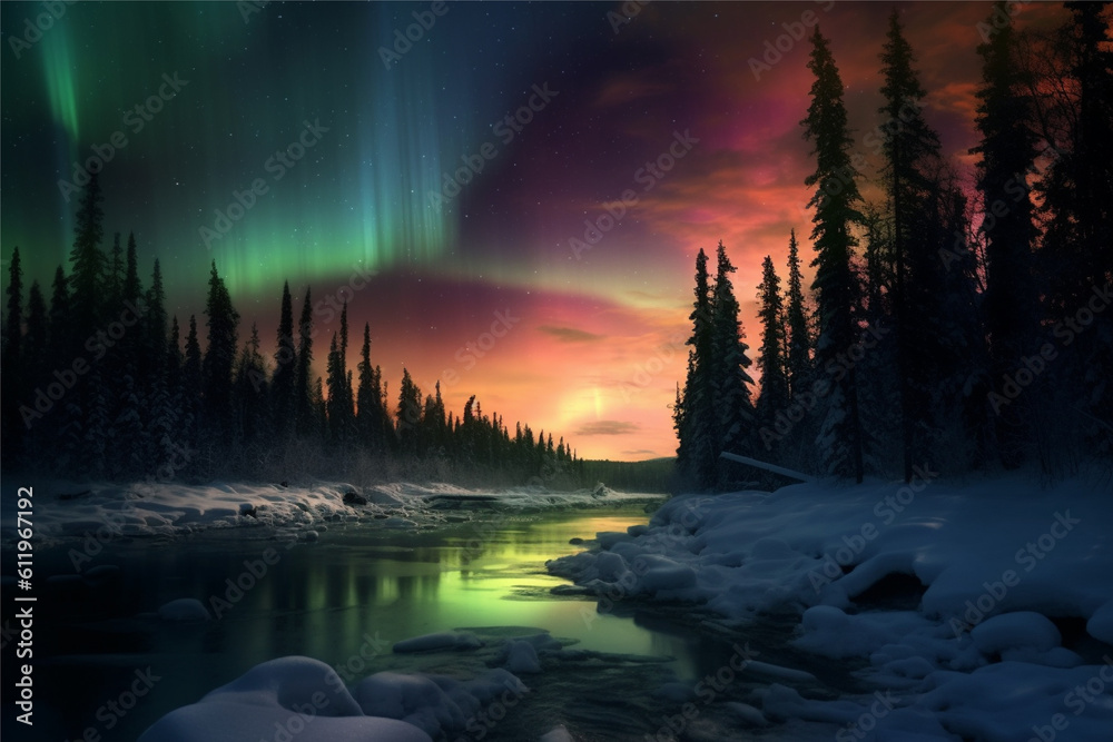 Aurora landscape with northern lights, generative ai 