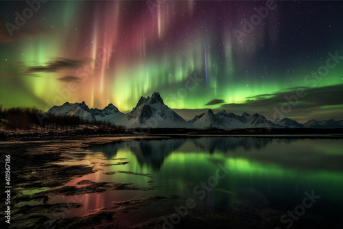 Aurora landscape with northern lights, generative ai 