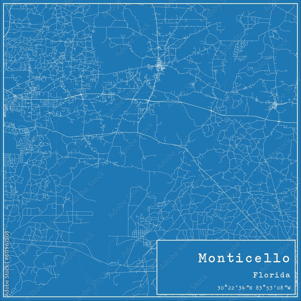 Blueprint US city map of Monticello, Florida.
