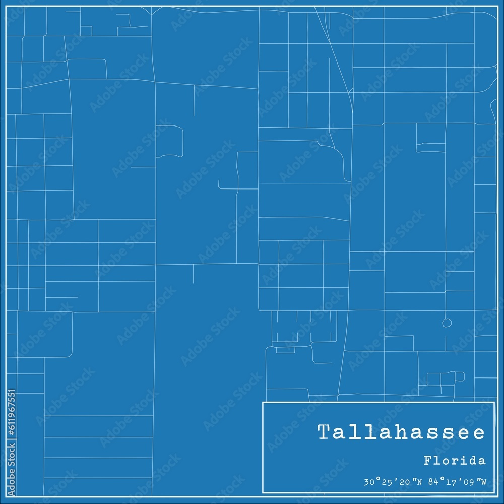 Blueprint US city map of Tallahassee, Florida.