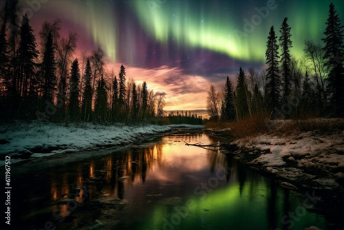 Aurora landscape with northern lights, generative ai 