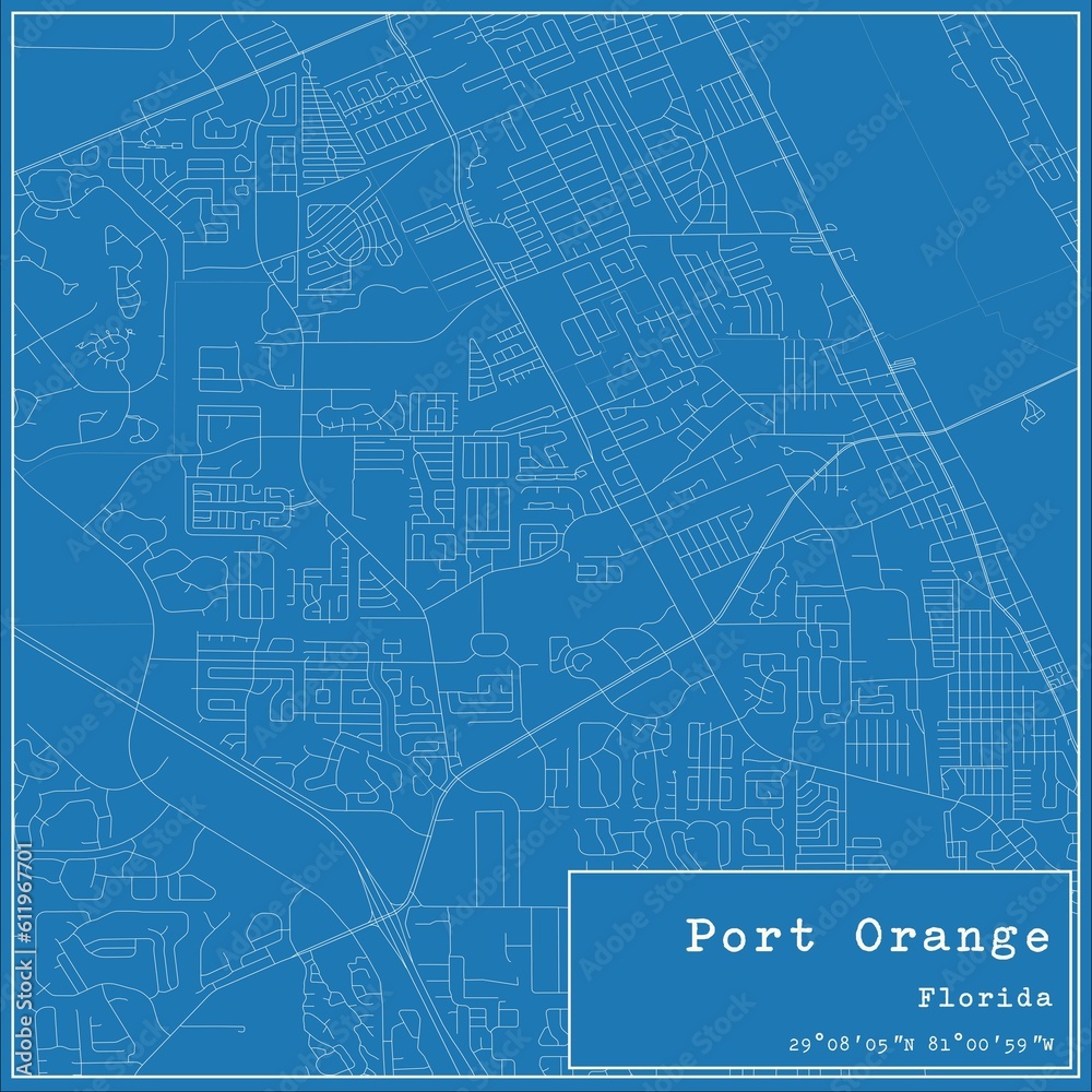 Blueprint US city map of Port Orange, Florida.