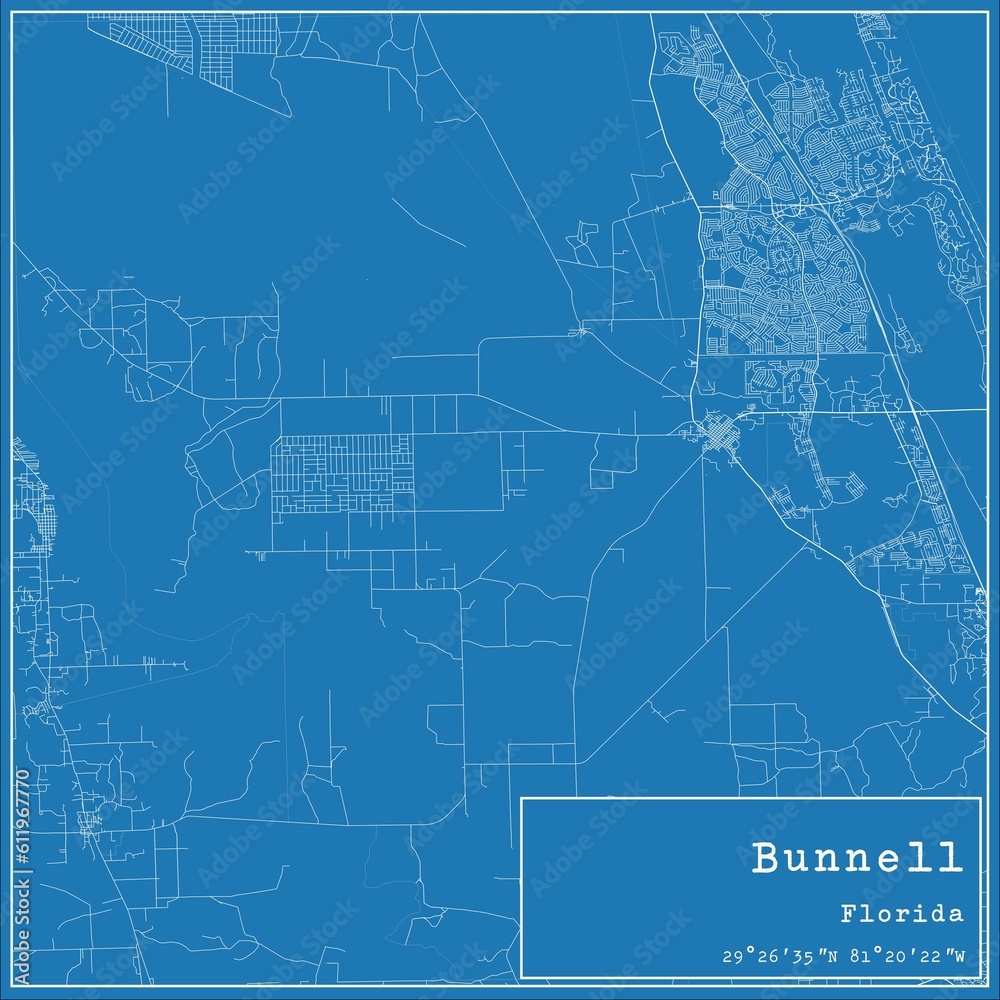Blueprint US city map of Bunnell, Florida.