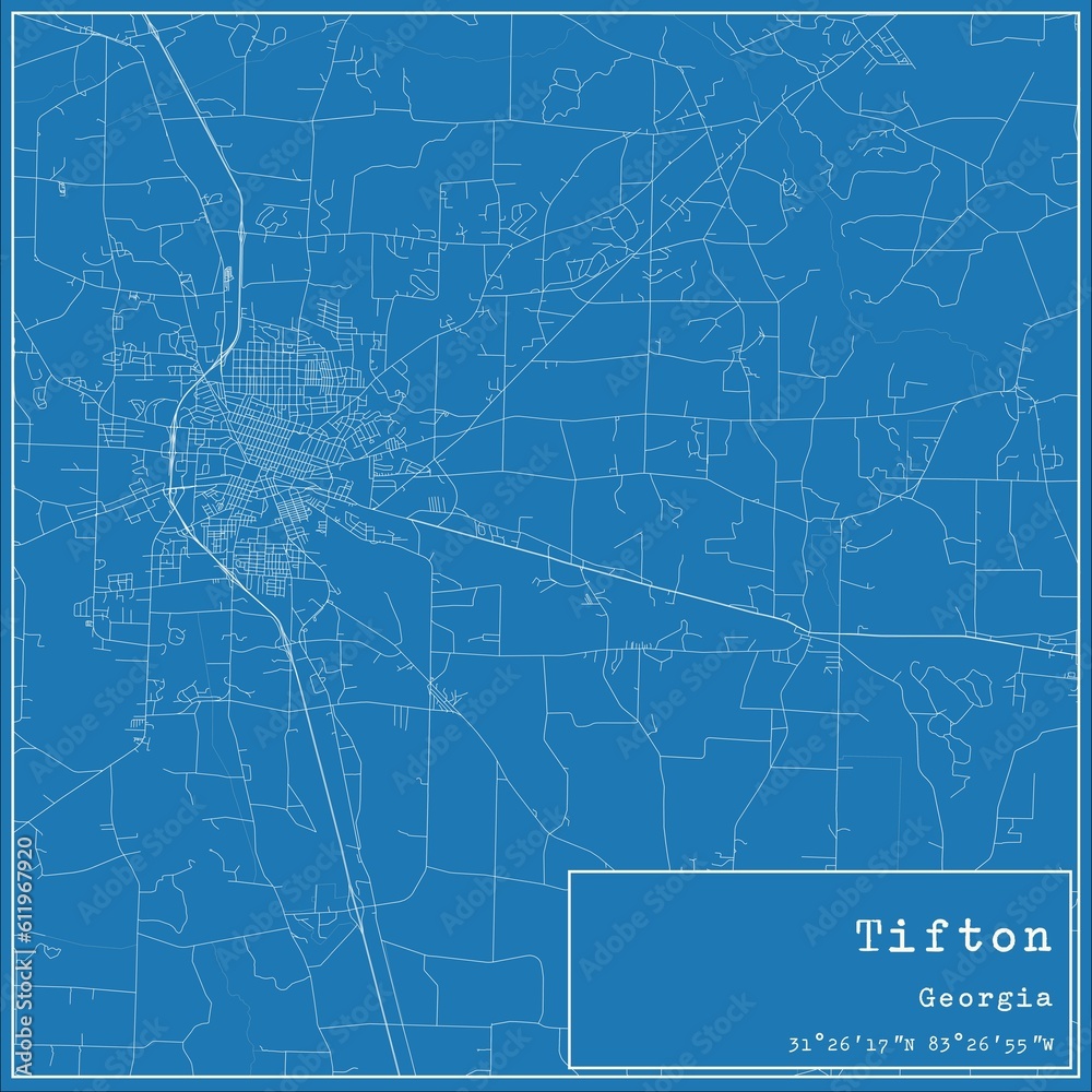 Blueprint US city map of Tifton, Georgia.