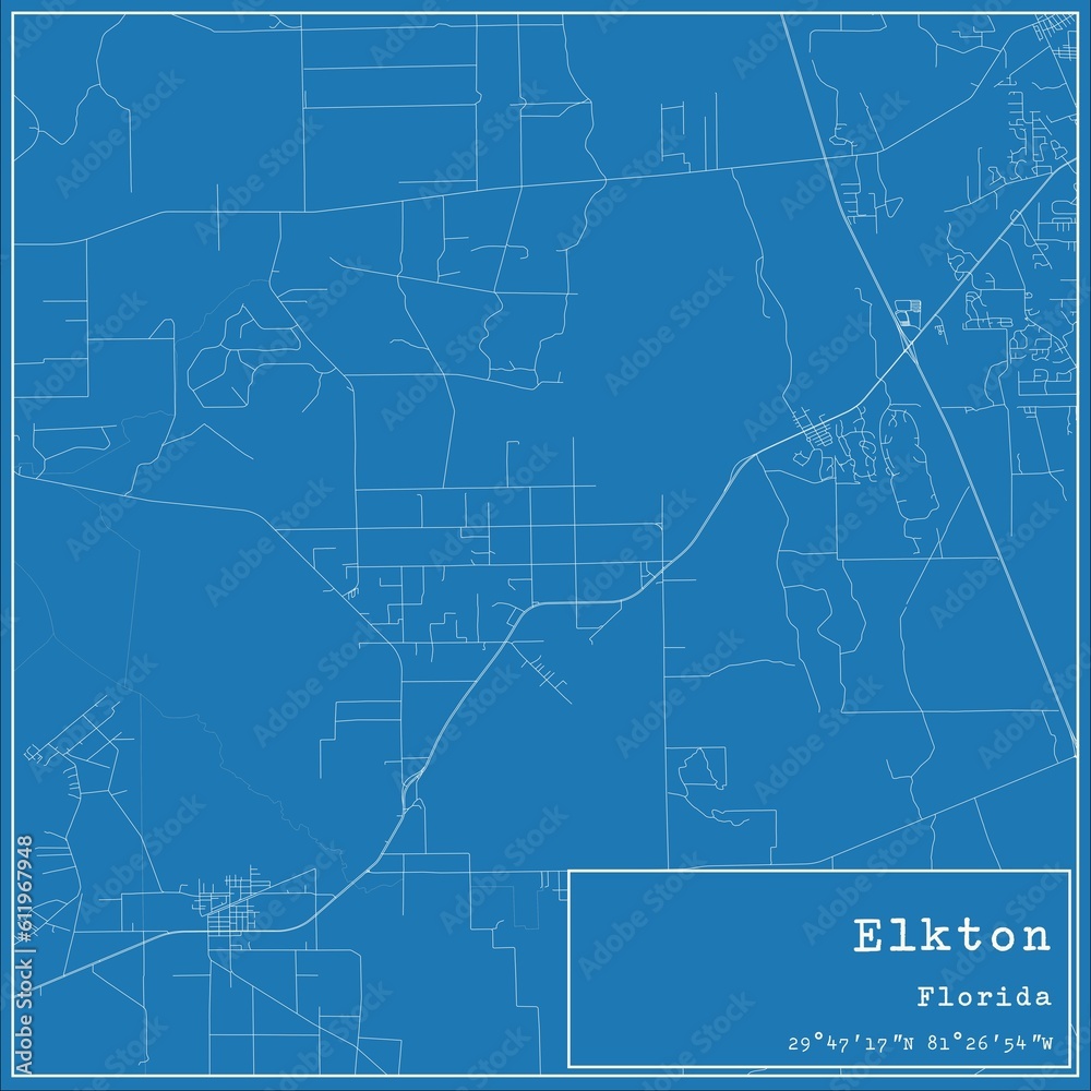 Blueprint US city map of Elkton, Florida.