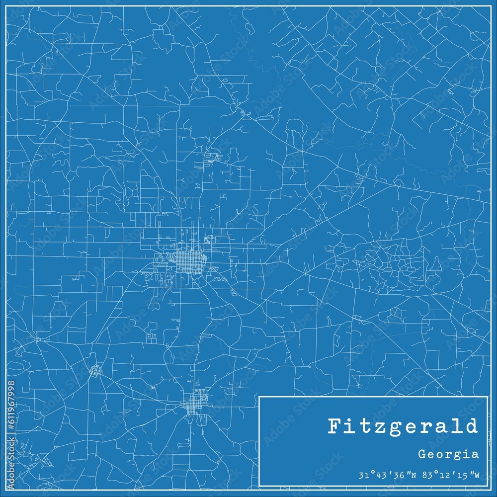 Blueprint US city map of Fitzgerald, Georgia.