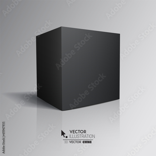 3d black cube on a light background. Black box. Vector for your graphic design.