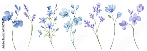 Blue flowers digital illustration, summer design, watercolor hand painting. Perfectly for printing, sublimation.	