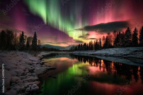 Aurora landscape with northern lights, generative ai  © elchinarts