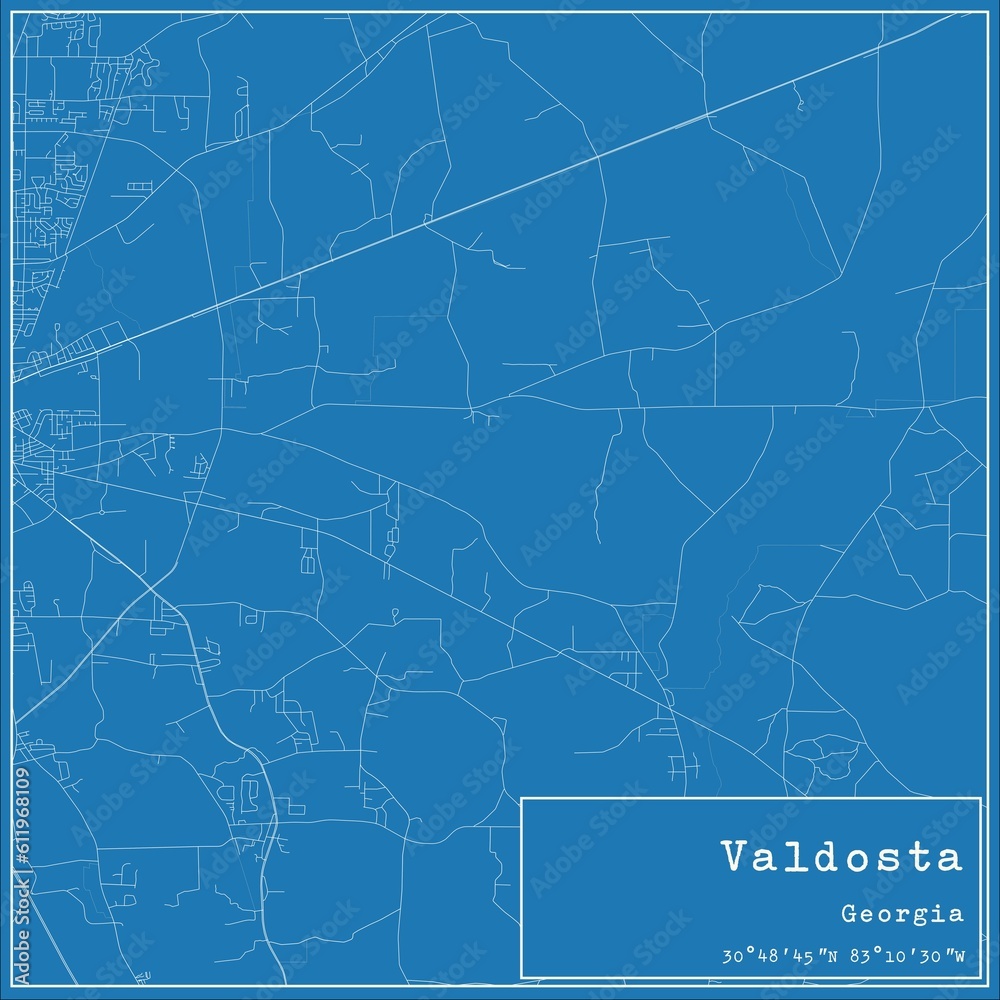 Blueprint US city map of Valdosta, Georgia.