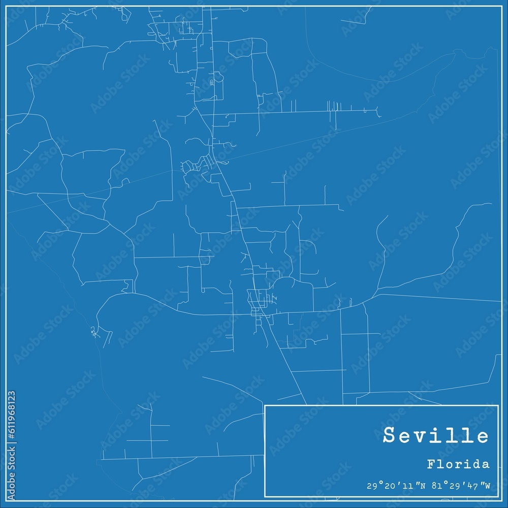 Blueprint US city map of Seville, Florida.