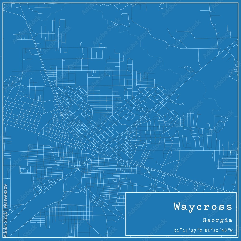 Blueprint US city map of Waycross, Georgia.