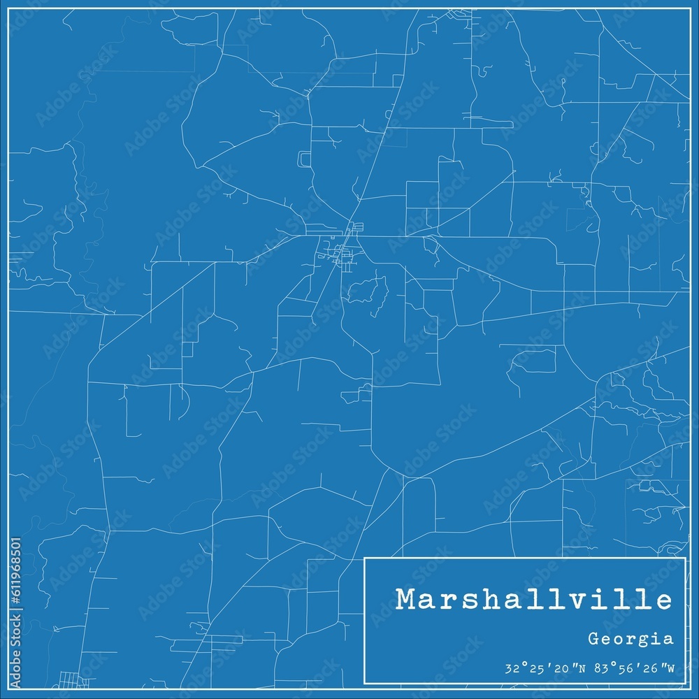 Blueprint US city map of Marshallville, Georgia.