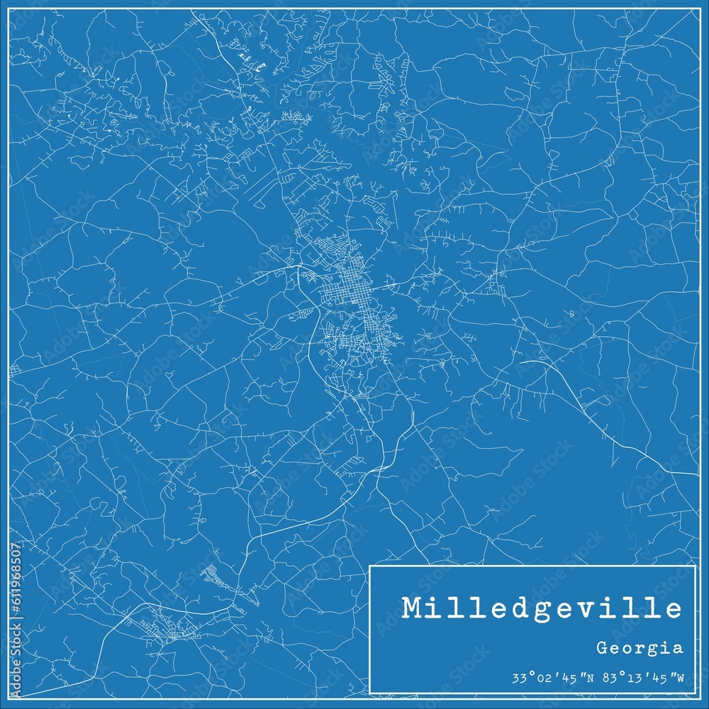 Blueprint US city map of Milledgeville, Georgia.